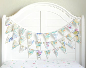 Vintage World Map Bunting Garland for Travel-Themed Nursery or Wanderlust Party Decor - 9ft, Vintage Aesthetic, Reusable