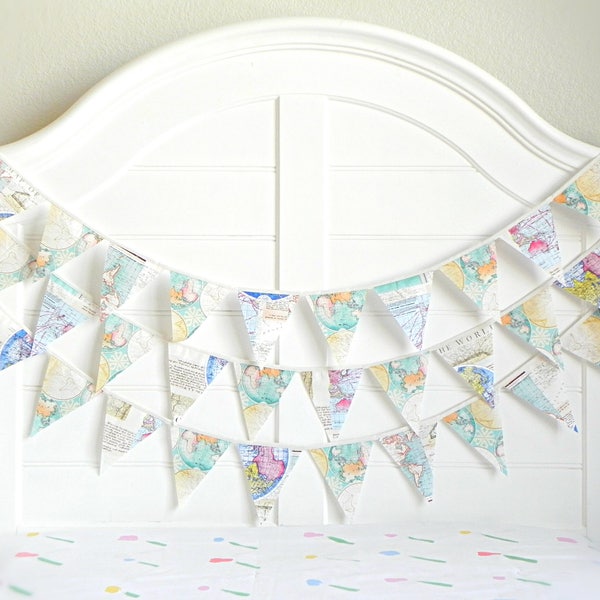 Vintage World Map Bunting Garland for Travel-Themed Nursery or Wanderlust Party Decor - 9ft, Vintage Aesthetic, Reusable