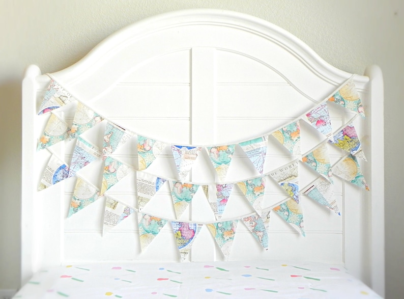 Vintage World Map Bunting Garland for Travel-Themed Nursery or Wanderlust Party Decor image 5