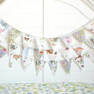 Vintage Botanicals and Delicate Butterflies Fabric Bunting Garland with Antique Birds, Perfect for Rustic and Nature-Inspired Nursery Decor image 4