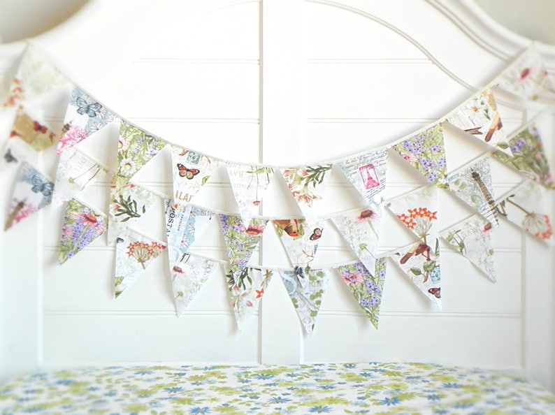 Vintage Botanicals and Delicate Butterflies Fabric Bunting Garland with Antique Birds, Perfect for Rustic and Nature-Inspired Nursery Decor image 4