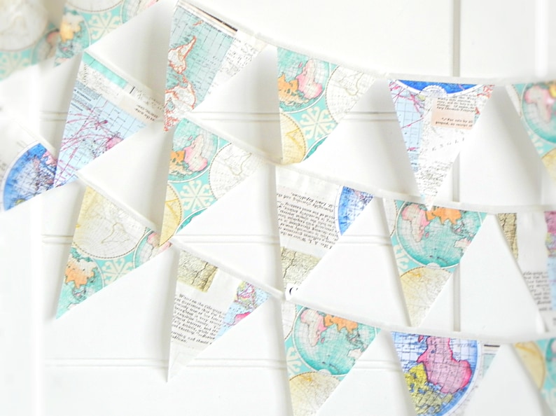 Vintage World Map Bunting Garland for Travel-Themed Nursery or Wanderlust Party Decor image 2