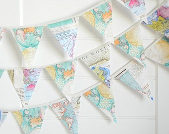 Vintage World Map Bunting Garland for Travel-Themed Nursery or Wanderlust Party Decor