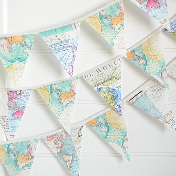 Vintage World Map Bunting Garland for Travel-Themed Nursery or Wanderlust Party Decor