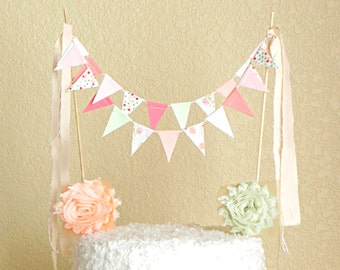 Girl Birthday Cake Topper, Cake Bunting Baby, Wedding Cake Topper Rustic, Coral and Mint Baby Shower Cake Topper Girl, Cake Garland Banner