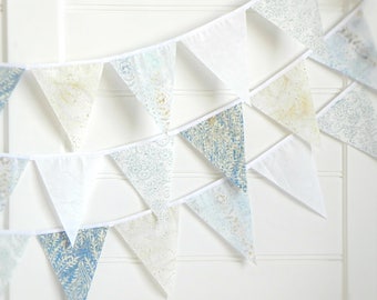 Batik Fabric Bunting Banner in Serene Blue for Boys Room: Farmhouse Cottage Nursery Decor, Boy Baby Shower, and Rustic Country Wedding Decor