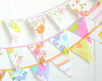 Romantic Vintage Fabric Bunting Garland – Upcycled Bed Sheet Floral Banner for Weddings, Showers & Cottage Celebrations