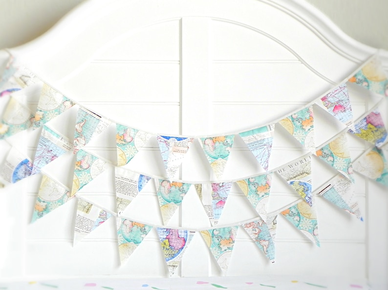 Vintage World Map Bunting Garland for Travel-Themed Nursery or Wanderlust Party Decor image 3