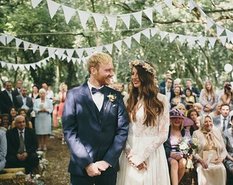 Elevate your Bohemian Woodland Wedding with 60ft of White Fabric Bunting Flags. Perfect for Vintage-Inspired, Cottagecore Special Events