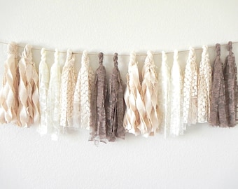 Fabric Tassel Garland Neutral, Lace Garland Banner Wedding, Boho Bridal Shower Decorations, Rustic Baby Shower Girl, Natural Nursery Decor