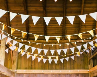 Golden Romance: 60ft Vintage Gold and White Wedding Garland - Rustic Triangle Event Bunting with Raw Edge Cotton String - Cottage Chic Decor