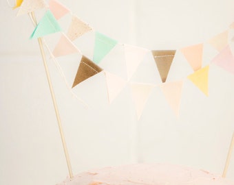 Pastel Fabric Cake Garland – Muted Carnival Flags Topper for First Birthday, Garden Party or Wedding Cake | Soft Textile Banner