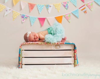 Heirloom Colorful Bunting Garland – Upcycled Fabric Banner for Newborn Photography, Storybook Nurseries & Playful Childhood Interiors