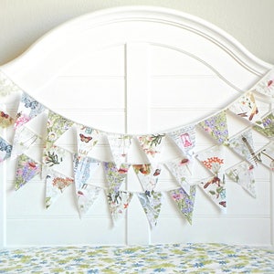 Vintage Botanicals and Delicate Butterflies Fabric Bunting Garland with Antique Birds, Perfect for Rustic and Nature-Inspired Nursery Decor image 2