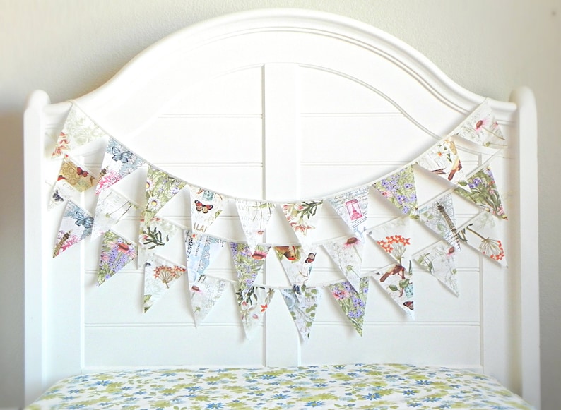 Vintage Botanicals and Delicate Butterflies Fabric Bunting Garland with Antique Birds, Perfect for Rustic and Nature-Inspired Party Decor image 2