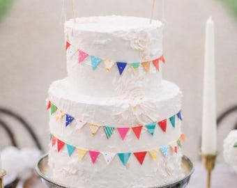 Whimsical Fabric Cake Topper & Wrap Set – Vintage Carnival Bunting | Cottage Wedding Cake Decor | Storybook Tea Party Style