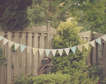 Colorful Pastel Fabric Garland Bunting Banners for Cottagecore Weddings, Gender Neutral Baby Showers, and Summer Outdoor Entertaining