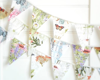 Vintage Botanicals and Delicate Butterflies Fabric Bunting Garland with Antique Birds, Perfect for Rustic and Nature-Inspired Party Decor