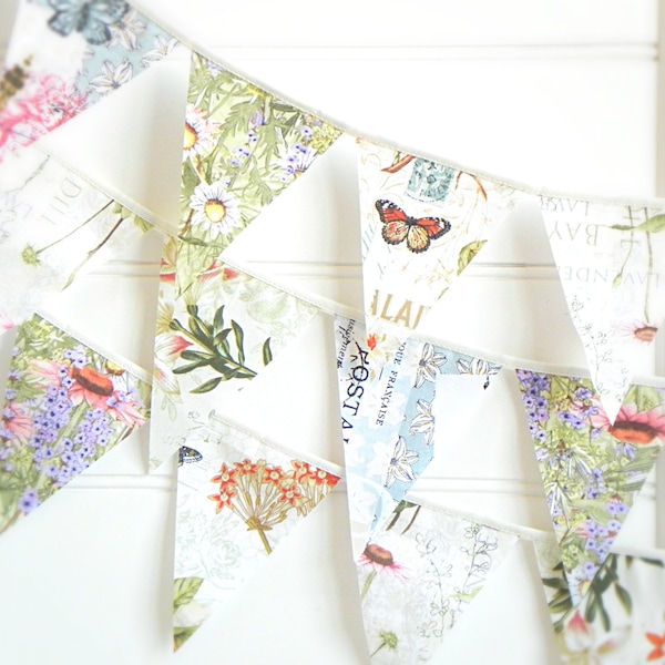 Vintage Botanicals and Delicate Butterflies Fabric Bunting Garland with Antique Birds, Perfect for Rustic and Nature-Inspired Nursery Decor