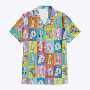 May include: Short-sleeved button-down shirt with a colorful grid pattern. Each square features a different illustration of a penis. The shirt has a white collar and is made of a lightweight fabric.