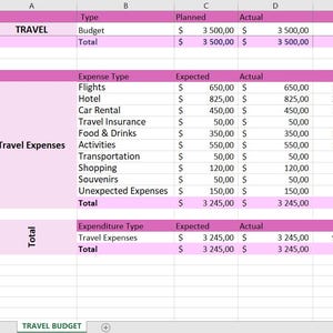 May include: A spreadsheet titled "TRAVEL BUDGET" displays travel expenses. The data includes planned and actual costs for flights, hotels, car rentals, and other travel-related categories. Percentages and totals are also shown.