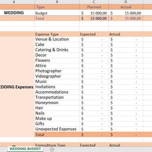 May include: A spreadsheet with a wedding budget breakdown. The spreadsheet lists various wedding expenses, including venue, cake, catering, decor, flowers, attire, photographer, videographer, music, invitations, accommodations, transportation, honeymoon, hair, nails, make-up, gifts, and unexpected expenses. The spreadsheet includes columns for the planned budget, actual expenses, and percentage spent.