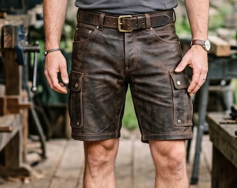 Męskie skórzane szorty cargo, brązowe skórzane szorty, skórzane szorty do kolan, zniszczone skórzane szorty, szorty motocyklowe z wieloma kieszeniami, męskie, skóra bydlęca