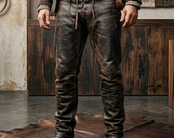 Pantalones de cuero para hombre hechos a mano, de piel de vaca marrón envejecida, con cordones, estilo medieval, estilo ranger, pantalones de fantasía, estilo vikingo, para LARP (juego de rol en vivo), ajuste personalizado.