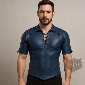 Men’s Blue Leather Lace-Up Shirt | Handmade Fitted Medieval Renaissance Shirt | Festival Pirate Steampunk Top | Custom Sizing Available