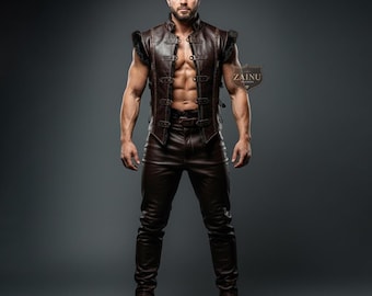 Handmade Men’s Brown Leather Vest and Pants Set | Custom Fur Trim Cosplay Outfit | Medieval Renaissance Costume