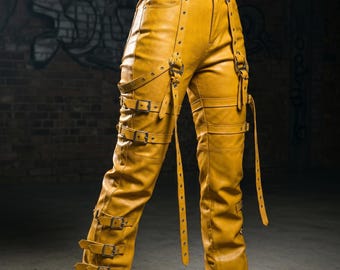 Pantalon en cuir pour femme fait main en cuir de vachette jaune taille haute avec boucle pantalon gothique pour femme tenue sur mesure