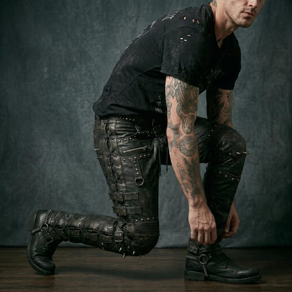 Handmade Mens Leather Pants Black Biker Leather Pants Lace Up Cargo Leather Pants Slim Fit Studded Buckle Distressed Gothic Leather Trousers