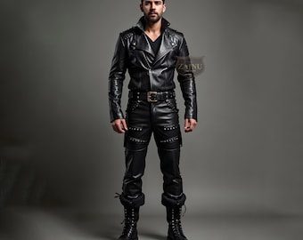 Handmade Real Black Leather Jacket & Biker Pants Set | Custom Fit Motorcycle Leather Suit | Gothic Steampunk Style Outfit