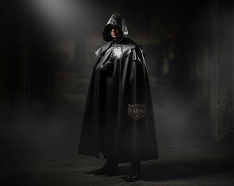 Handmade Black Leather Hooded Cloak | Genuine Medieval Cape | Custom Gothic Renaissance Cosplay Coat | Cosplay Costume Outfit