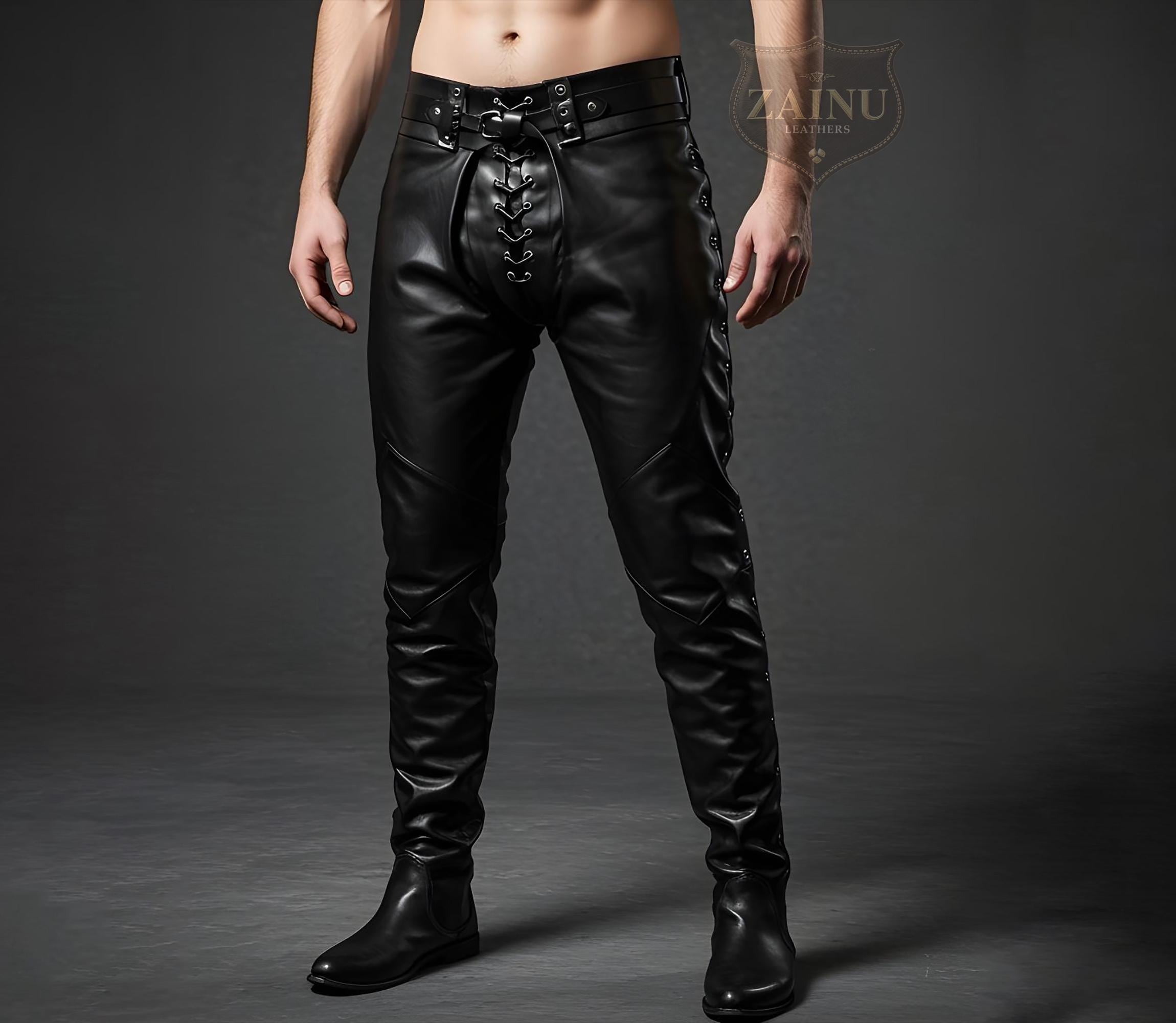 Custom Black Leather Steampunk Pants for Men | Gothic Festival Trousers | Handmade Cosplay Bottoms