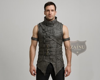 Custom Gray Leather Tactical Vest for Men | Handmade Buckle Armor | Futuristic Warrior Cosplay, Gothic Festival Outfit