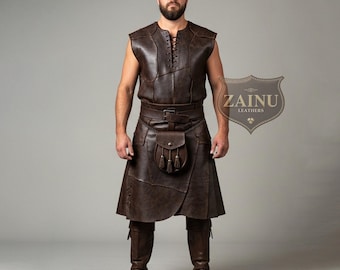 Handgemaakte lederen kilt en vest voor heren | Aangepaste middeleeuwse krijgeroutfit | Gepersonaliseerde Viking-cosplaypantser | Renaissance op maat