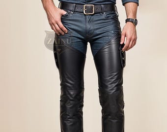 Polainas de motociclista de cuero negro genuino para hombres / Polainas de motociclista personalizables / Equipo de motociclista elegante y duradero / Perfecto para motociclistas