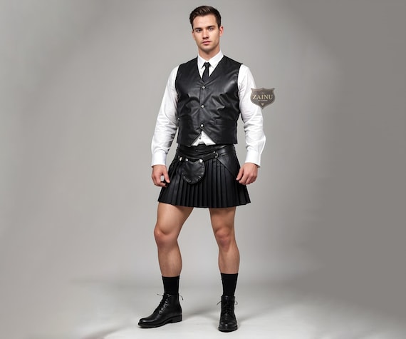 Genuine Black Leather Bar Vest & Roman Gladiator Kilt for Men | Customizable Leather Gear |  Stylish Biker Kilt | Perfect for Cosplay
