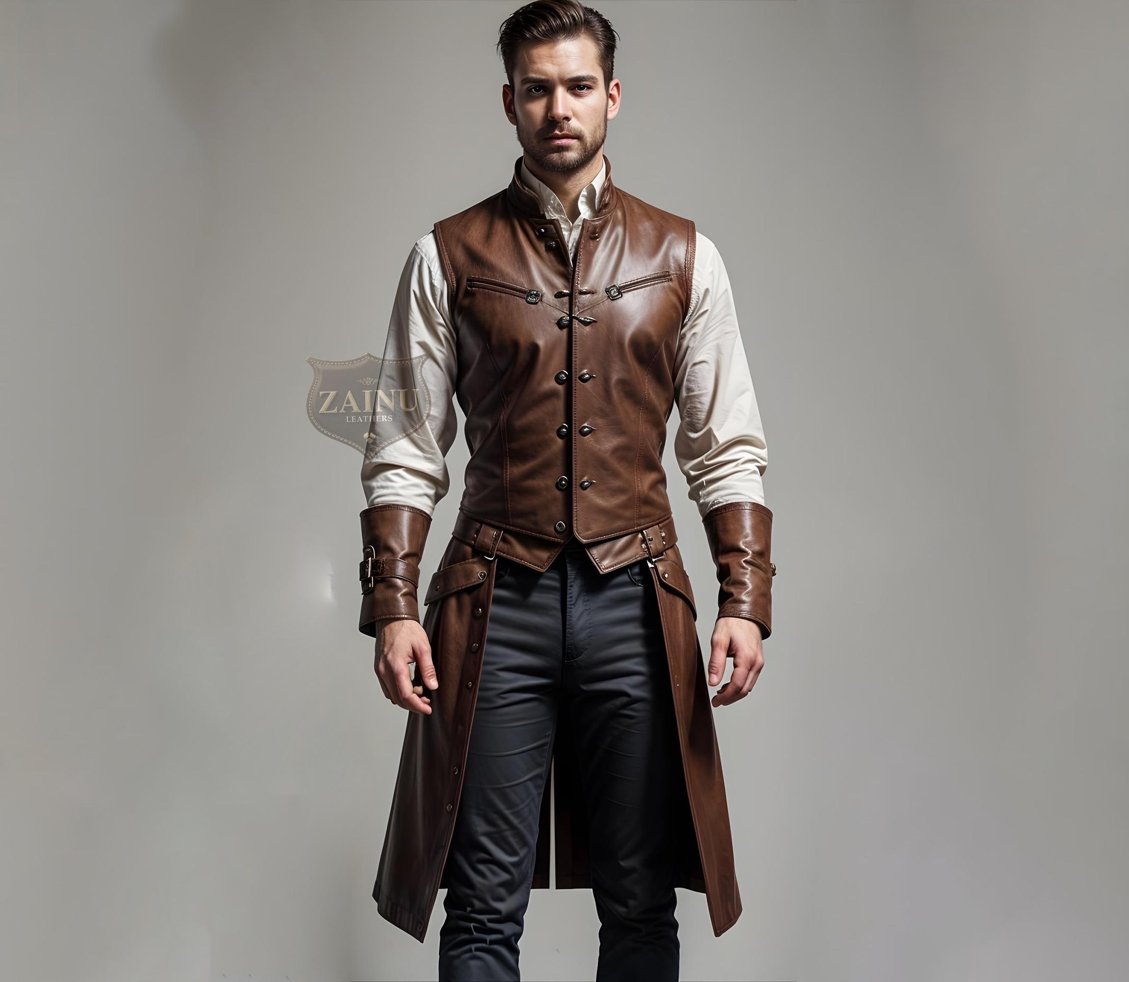 Custom Brown Leather Medieval Long Vest for Men | Men's Leather Fantasy Vest | Brown Leather Knight Vest | Custom Fit Medieval Costume