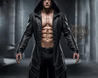 Handmade Men’s Genuine Leather Long Hooded Coat | Custom Black Trench Style | Personalized Gothic Streetwear | Tailored Slim Fit