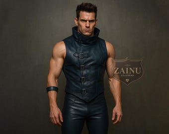 Mitternachts schwarzes Lederweste & Hose für Herren | Ärmelloses Biker-Oberteil mit hochgeschlossener Schnalle und individueller Passform