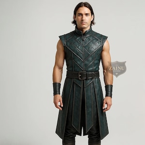 Green Leather Tunic for Men | Custom Medieval Renaissance Cosplay Vest | Sleeveless Fantasy LARP Costume | Gothic Warrior Vest