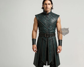 Green Leather Tunic for Men | Custom Medieval Renaissance Cosplay Vest | Sleeveless Fantasy LARP Costume | Gothic Warrior Vest