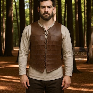 Handmade Men’s Genuine Leather Medieval Vest | Custom Brown Laced Armor Style | Personalized Renaissance Faire Outfit | Tailored Costume