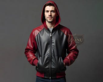 Handmade Black and Red Leather Jacket for Men | Black Leather Hoodie | Real Leather Jacket for Men | Red and Black Leather Jacket