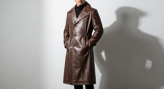 Handmade Men’s Genuine Brown Leather Trench Coat | Custom Long Overcoat | Vintage Sheepskin Jacket | Tailored Winter Streetwear