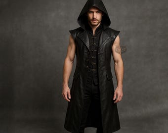 Custom Made Black Leather Cosplay Long Vest with Hood | Gothic Hooded Leather Trench Vest | Medieval Vampire Costume Jacket