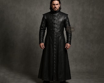 Maß Schwarz Leder Steampunk Langer Mantel für Männer | Gothic Leder Trenchcoat | Schnalle & Knopf Cosplay Jacke
