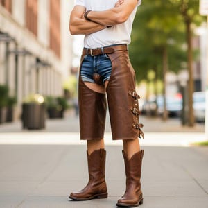 Herren Braun Rindsleder Chaps Seitliche Schnalle Knie Länge Streetwear Biker Kurze Chaps Custom Fit Bild 4